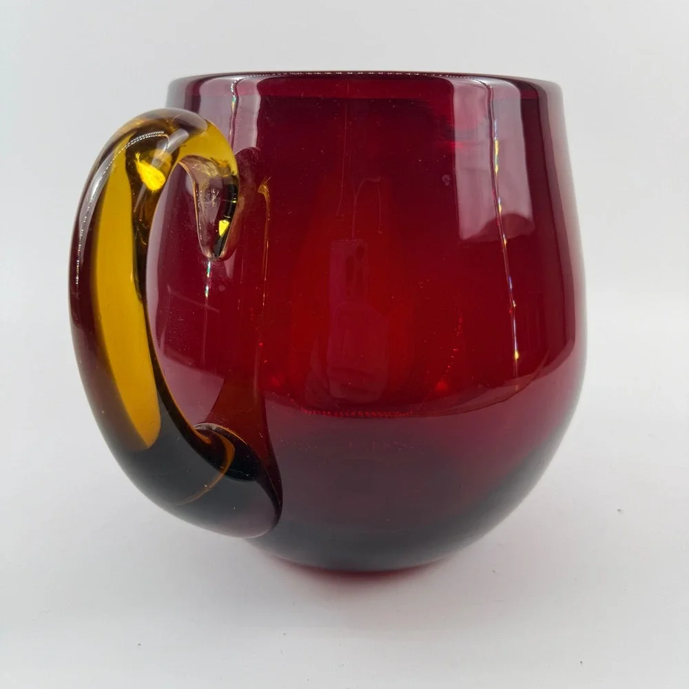 Vintage‎ Hand Blown Ruby Red Glass Pitcher Applied Amber Handle Mid Century